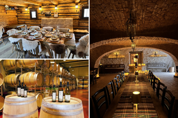 Left up - Dinner with the locals, Left down - Winery visit, Right - Estate dinner in the cellar